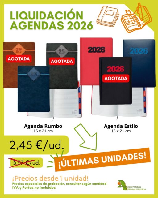 ¡Oportunidad a la vista! 👀 En @2apromocionespublicitarias tenemos las últimas agendas 2026, ¡al mejor precio! 🔝✨

Si buscas un detalle práctico para tu empresa o simplemente necesitas reponer stock, ahora es el momento... ¡Precio mini, oportunidad maxi!

✅ 100% personalizables
✅ Precios desde 1 unidad
🔝 Sin pedido mínimo

👉 Pídenos presupuesto de personalización y te asesoramos encantados 🙋‍♂️

*IVA y portes no incluidos.

✨ Encuentra todos los modelos en nuestro catálogo 👇
📅 https://bit.ly/2AAgendas

Tarifas Agendas 2026 ⬇️
https://bit.ly/2ATAgendas

🖥 www.2apublic.com

📍 Alcázar de Toledo 4, 1º B. 24001 León
☎️ 987 272 176 / 📱 606 333 467
📧 info@2apublic.com

@celempresas @leoncomercio @camaracomercioleon @leonesp.es @feleleon