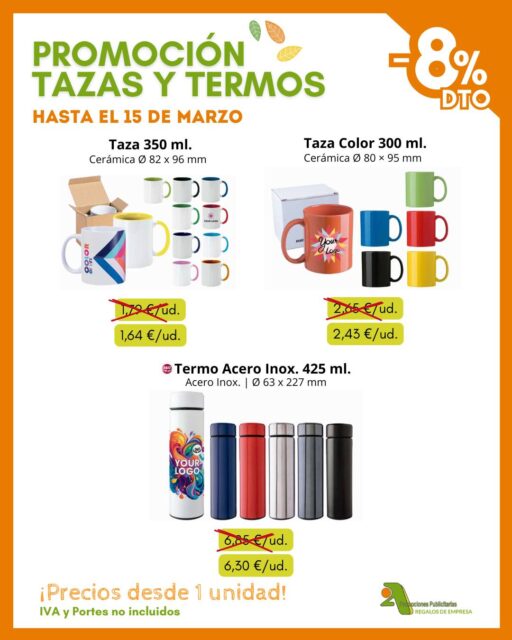 ☕ Reuniones, desayunos, oficinas, momentos de relax… ¡Ahí tiene que estar tu marca! 🔥

En @2apromocionespublicitarias lanzamos nuestra PROMOCIÓN DE TAZAS Y TERMOS con -8 % de DESCUENTO 💥 ¡solo hasta el 15 de marzo! ⏰

Porque el café de la mañana, la pausa de media tarde o esa reunión improvisada son el momento perfecto para que tu logo esté en primera línea ☕👌

✅ 100% personalizables
✅ Precios desde 1 unidad
➡️ Consulta precios especiales de grabación según cantidad

👉 Pídenos presupuesto si quieres un pedido personalizado
* IVA y PORTES no incluidos.

¡Encuentra los mejores productos en nuestro catálogo! 👇
📥 https://bit.ly/2ACatalogo

🖥 www.2apublic.com
📍Alcázar de Toledo 4, 1º B. 24001 León
☎️ 987 272 176 / 📱 606 333 467
📧 info@2apublic.com

@celempresas @leoncomercio @camaracomercioleon @leonesp.es @feleleon