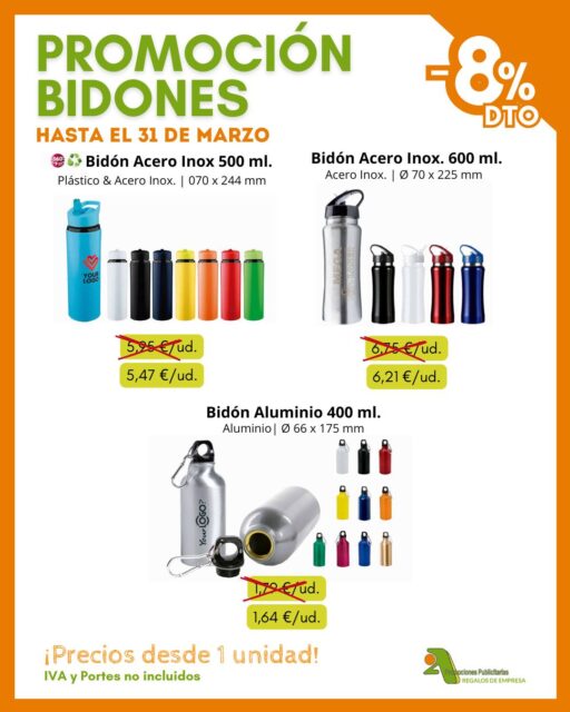 ¡Hidrata tu marca con nuestra promoción quincenal! 💦🔝
Solo hasta el 31 de marzo, en @2apromocionespublicitarias tenemos un 8 % de DESCUENTO en bidones seleccionados 💥 ¡Perfectos para que tu marca esté presente en el día a día! 🏃‍♂️🚴‍♀️

✅ 100% personalizables
✅ Precios desde 1 unidad
➡️ Consulta precios especiales de grabación según cantidad

👉 Pídenos presupuesto si quieres un pedido personalizado
* IVA y PORTES no incluidos.

¡Encuentra los mejores productos en nuestro catálogo! 👇
📥 https://bit.ly/2ACatalogo

🖥 www.2apublic.com
📍Alcázar de Toledo 4, 1º B. 24001 León
☎️ 987 272 176 / 📱 606 333 467
📧 info@2apublic.com

@celempresas @leoncomercio @camaracomercioleon @leonesp.es @feleleon