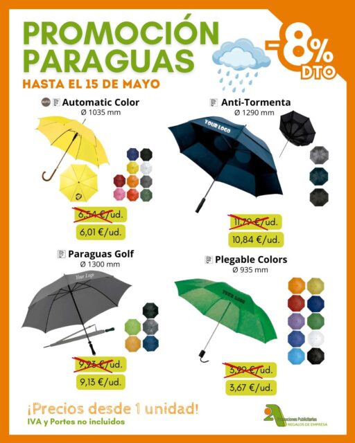 Porque el buen tiempo… a veces se toma un descanso 😜 ¡Prepárate con nuestra selección de paraguas personalizados y dale visibilidad a tu marca incluso en los días grises! ☔🌈

¡Corre! 💥 Solo hasta el 15 de mayo, disfruta en @2apromocionespublicitarias del 8 % de DESCUENTO en nuestros modelos más vendidos 🌂

✅ 100% personalizables
✅ Precios desde 1 unidad
➡️ Consulta precios especiales de grabación según cantidad

👉 Pídenos presupuesto si quieres un pedido personalizado
* IVA y PORTES no incluidos.

¡Encuentra los mejores productos en nuestro catálogo! 👇
📥 https://bit.ly/2ACatalogo

🖥 www.2apublic.com
📍Alcázar de Toledo 4, 1º B. 24001 León
☎️ 987 272 176 / 📱 606 333 467
📧 info@2apublic.com

@celempresas @leoncomercio @camaracomercioleon @leonesp.es @feleleon