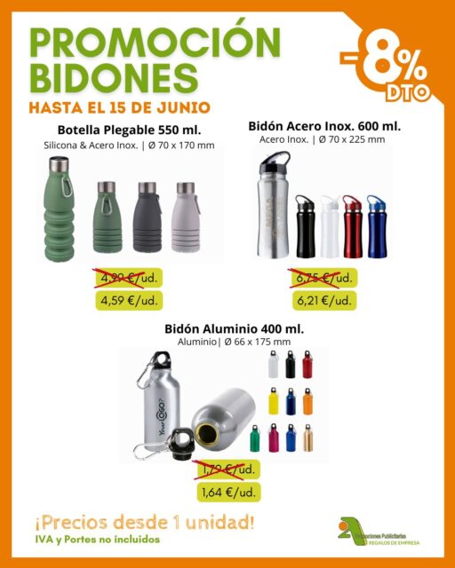 Solo hasta el 15 de junio, aprovéchate en @2apromocionespublicitarias del 8 % de descuento en nuestra selección de bidones y botellas personalizables ¡Un regalo útil, reutilizable y perfecto para cualquier momento del día!

✅ 100% personalizables
✅ Precios desde 1 unidad
➡️ Consulta precios especiales de grabación según cantidad

👉 Pídenos presupuesto si quieres un pedido personalizado
* IVA y PORTES no incluidos.

¡Encuentra los mejores productos en nuestro catálogo! 👇
📥 https://bit.ly/2ACatalogo

🖥 www.2apublic.com
📍Alcázar de Toledo 4, 1º B. 24001 León
☎️ 987 272 176 / 📱 606 333 467
📧 info@2apublic.com

@celempresas @leoncomercio @camaracomercioleon @leonesp.es @feleleon