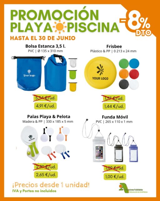 ☀️🏖️ ¡Prepárate para el verano con nuestra promoción Playa & Piscina!

En @2apromocionespublicitarias personalizamos tus artículos promocionales favoritos... ¡Y con un 8% de descuento en artículos seleccionados hasta el 30 de junio!

Perfectos para eventos, campañas de verano, hoteles, campings, actividades al aire libre y acciones promocionales, ¡lleva tu marca donde está tu público este verano! 🏝️

✅ 100% personalizables
✅ Precios desde 1 unidad
➡️ Consulta precios especiales de grabación según cantidad

👉 Pídenos presupuesto si quieres un pedido personalizado
* IVA y PORTES no incluidos.

¡Encuentra mucho más en nuestro catálogo! 👇
📥 https://bit.ly/2ACatalogo

🖥 www.2apublic.com
📍Alcázar de Toledo 4, 1º B. 24001 León
☎️ 987 272 176 / 📱 606 333 467
📧 info@2apublic.com

@celempresas @leoncomercio @camaracomercioleon @leonesp.es @feleleon