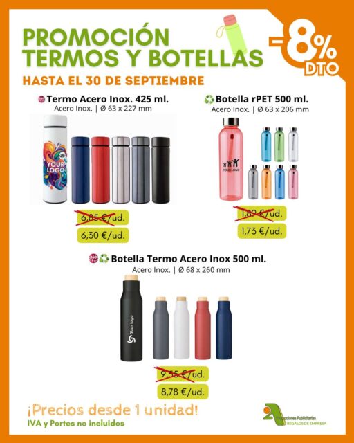 ¡PROMOCIÓN QUINCENAL TERMOS Y BOTELLAS! 💧
Septiembre pide volver a la rutina… ¡bien de hidratación! 😎

Aprovecha la oferta de del 8% de DESCUENTO de @2apromocionespublicitarias en termos y botellas seleccionadas 🥤 ¡Corre, solo hasta el 30 de septiembre! 🏃‍➡️

✅ 100% personalizables
✅ Precios desde 1 unidad
➡️ Consulta precios especiales de grabación según cantidad

👉 Pídenos presupuesto si quieres un pedido personalizado
* IVA y PORTES no incluidos.

¡Encuentra los mejores productos en nuestro catálogo! 👇
📥 https://bit.ly/2ACatalogo

🖥 www.2apublic.com
📍Alcázar de Toledo 4, 1º B. 24001 León
☎️ 987 272 176 / 📱 606 333 467
📧 info@2apublic.com

@celempresas @leoncomercio @camaracomercioleon @leonesp.es @feleleon