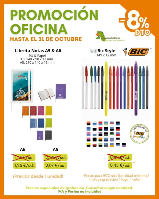 📚✍️ ¡Pon tu marca sobre la mesa!

Hasta el 31 de octubre, en @2apromocionespublicitarias  aprovecha nuestra PROMOCIÓN OFICINA con un 8 % de descuento en una selección de artículos perfectos para el día a día: libretas y bolígrafos personalizados 💼✨

📝 Libretas A5 y A6
🖊️ BIC Style
🎨 Diferentes colores y opciones de personalización

✅ Libretas disponibles desde 1 unidad
✅ BIC desde 500 unidades
✅ Grabación a 1 cara y 1 color incluida en pedidos de 500 uds. de BIC
➡️ Consulta precios especiales de grabación según cantidad

👉 Pídenos presupuesto si quieres un pedido personalizado
* IVA y PORTES no incluidos.

¡Encuentra los mejores productos en nuestro catálogo! 👇
📥 https://bit.ly/2ACatalogo

🖥 www.2apublic.com
📍Alcázar de Toledo 4, 1º B. 24001 León
☎️ 987 272 176 / 📱 606 333 467
📧 info@2apublic.com

@celempresas @leoncomercio @camaracomercioleon @leonesp.es @feleleon @bicgraphic @bic_group