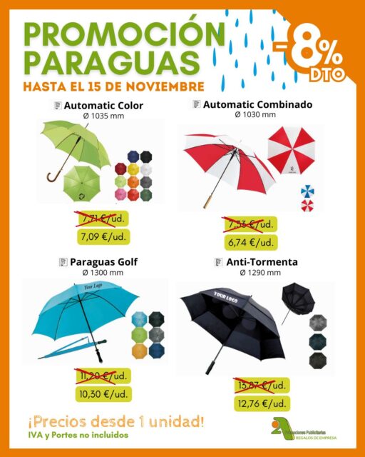 En @2apromocionespublicitarias te traemos la PROMOCIÓN de PARAGUAS que te salva de cualquier chaparrón 😎 Hasta el 15 de noviembre... ¡Disfruta de un 8 % de DESCUENTO artículos seleccionados! 🌧️🤩

✅ 100% personalizables, ¡presume de marca también bajo la lluvia! 🌂
✅ Precios desde 1 unidad
➡️ Consulta precios especiales de grabación según cantidad

👉 Pídenos presupuesto si quieres un pedido personalizado
* IVA y PORTES no incluidos.

¡Encuentra las mejores ofertas nuestro catálogo! 👇
📥 https://bit.ly/2ACatalogo

🖥 www.2apublic.com
📍Alcázar de Toledo 4, 1º B. 24001 León
☎️ 987 272 176 / 📱 606 333 467
📧 info@2apublic.com

@celempresas @leoncomercio @camaracomercioleon @leonesp.es @feleleon