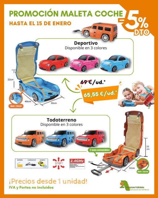 ¡Haz que los peques alucinen con las maletas coche de @2apromocionespublicitarias! 😍
🔥 Y disfruta de un 5% de descuento en este regalo tan útil y divertido por tiempo limitado, ¡solo hasta el 15 de enero! ⏰

¿Una maleta?¿Un coche? 👶🧒 ¡¡¡Los dos!!! 👇

🚘 ¡Funciona como coche teledirigido con mando RC!
🚘 Asa extensible de 87 cm y asa de mano de 24 cm
🚘 Interior súper organizado con separador y cintas
🚘 Batería recargable de 600 mAh con cable USB 🔌
🚘 Cierre seguro con pestañas laterales

🎄 El regalo perfecto... ¡Ahora al mejor precio 65,55 €!
Triunfa estas Navidades y sorprende en Reyes ✨

*IVA y gastos de envío no incluidos.

¿Quieres ver más?👇
📥 https://bit.ly/2ACatalogo

🖥 www.2apublic.com
📍Alcázar de Toledo 4, 1º B. 24001 León
☎️ 987 272 176 / 📱 606 333 467
📧 info@2apublic.com

@celempresas @leoncomercio @camaracomercioleon @leonesp.es @feleleon