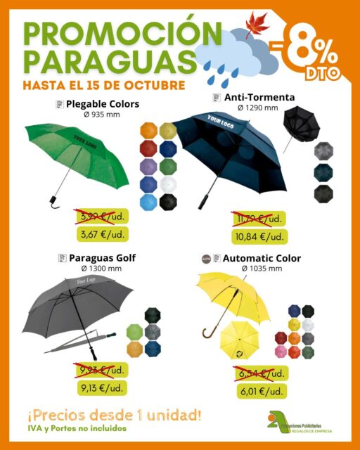 ☔🍂 El otoño viene con lluvia… ¡y con promoción! Si hay un regalo publicitario que cobra protagonismo esta temporada, ese es el paraguas, ¡práctico, útil!

Encuentra el tuyo en@2apromocionespublicitarias con un 8% de DESCUENTO en modelos seleccionados ¡Solo hasta el 15 de octubre! 💚🧡

✅ 100% personalizables
✅ Precios desde 1 unidad
➡️ Consulta precios especiales de grabación según cantidad

👉 Pídenos presupuesto si quieres un pedido personalizado
* IVA y PORTES no incluidos.

¡Encuentra los mejores productos en nuestro catálogo! 👇
📥 https://bit.ly/2ACatalogo

🖥 www.2apublic.com
📍Alcázar de Toledo 4, 1º B. 24001 León
☎️ 987 272 176 / 📱 606 333 467
📧 info@2apublic.com

@celempresas @leoncomercio @camaracomercioleon @leonesp.es @feleleon