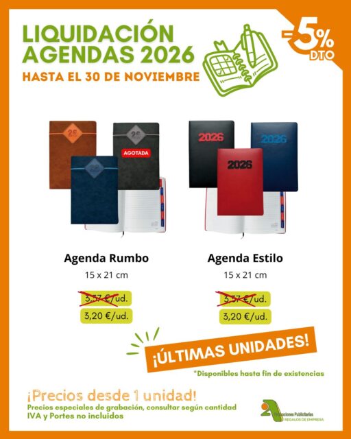 📣📆📚 ¡PROMOCIÓN AGENDAS 2026! Tus modelos favoritos de Agenda Rumbo y Agenda Estilo ahora con descuento del 5%, pero corre... ¡solo hasta agotar existencias! ⏰💥

✅ 100% personalizables
✅ Precios desde 1 unidad
🔝 Sin pedido mínimo

👉 Pídenos presupuesto de personalización y te asesoramos encantados 🙋‍♂️

*IVA y portes no incluidos.

✨ Encuentra todos los modelos en nuestro catálogo 👇
📅 https://bit.ly/2AAgendas

Tarifas Agendas 2026 ⬇️
https://bit.ly/2ATAgendas

🖥 www.2apublic.com

📍 Alcázar de Toledo 4, 1º B. 24001 León
☎️ 987 272 176 / 📱 606 333 467
📧 info@2apublic.com

@celempresas @leoncomercio @camaracomercioleon @leonesp.es @feleleon