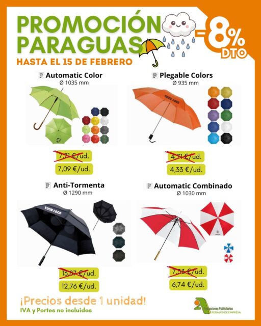 🌧️ El tiempo viene con ganas… ¡y nosotros también! 😅☔️
En @2apromocionespublicitarias lanzamos nuestra PROMOCIÓN de PARAGUAS con un 8 % de DESCUENTO 💥 ¡¡Pero corre, solo hasta el 15 de febrero!!

☂️ Perfectos para regalos de empresa, eventos, acciones promocionales... ¡Hacemos que tu marca esté presente en el día a día de tus clientes! 😎🌂

✅ 100% personalizables
✅ Precios desde 1 unidad
➡️ Consulta precios especiales de grabación según cantidad

👉 Pídenos presupuesto si quieres un pedido personalizado
* IVA y PORTES no incluidos.

¡Encuentra los mejores productos en nuestro catálogo! 👇
📥 https://bit.ly/2ACatalogo

🖥 www.2apublic.com
📍Alcázar de Toledo 4, 1º B. 24001 León
☎️ 987 272 176 / 📱 606 333 467
📧 info@2apublic.com

@celempresas @leoncomercio @camaracomercioleon @leonesp.es @feleleon
