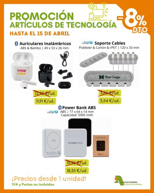 💻⚡ Tecnología que conecta con tu marca… ¡Ahora con descuentazo!

👉 Solo hasta el 15 de abril, disfruta en @2apromocionespublicitarias de un 8% de DESCUENTO en artículos seleccionados de tecnología 🙌💥

✅ 100% personalizables
✅ Precios desde 1 unidad
➡️ Consulta precios especiales de grabación según cantidad

¿Quieres un pedido personalizado? Pídenos presupuesto 🙋‍♂️
* IVA y PORTES no incluidos.

¡y no te pierdas nuestro catálogo completo! 👇
📥 https://bit.ly/2ACatalogo

🖥 www.2apublic.com
📍Alcázar de Toledo 4, 1º B. 24001 León
☎️ 987 272 176 / 📱 606 333 467
📧 info@2apublic.com

@celempresas @leoncomercio @camaracomercioleon @leonesp.es @feleleon @brandcharger