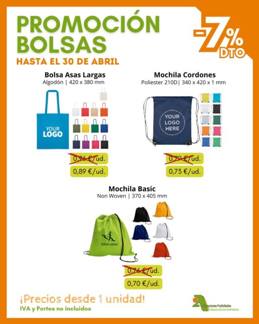 ¡El clásico que nunca falla en ferias y eventos! 🎒💥 Ahora en @2apromocionespublicitarias con un 7% de DESCUENTO 🤩 ¡Solo hasta el 30 de abril!

Si buscas visibilidad real para tu marca... las bolsas personalizadas son un acierto seguro ☀️ ¡Especialmente con el buen tiempo! 

✅ 100% personalizables
✅ Precios desde 1 unidad
➡️ Consulta precios especiales de grabación según cantidad

¿Quieres un pedido personalizado? Pídenos presupuesto 🙋‍♂️
* IVA y PORTES no incluidos.

¡Descárgate catálogo completo! 👇
📥 https://bit.ly/2ACatalogo

🖥 www.2apublic.com
📍Alcázar de Toledo 4, 1º B. 24001 León
☎️ 987 272 176 / 📱 606 333 467
📧 info@2apublic.com

@celempresas @leoncomercio @camaracomercioleon @leonesp.es @feleleon