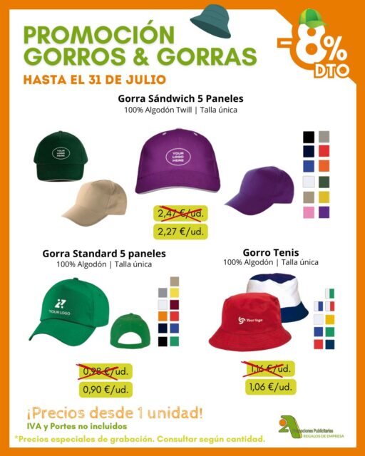 ¿Quieres que tu marca destaque este verano? 🧢☀️ ¡En @2apromocionespublicitarias  personalizamos gorras y gorros para empresas, eventos, equipos y fiestas!

🔥 Promoción válida hasta el 31 de julio:
8 % de descuento en modelos seleccionados.

✅ Personalización con tu logotipo
✅ Pedidos a partir de 1 unidad
✅ Diferentes modelos, colores y acabados
✅ Tarifas especiales de grabación según cantidad

👉 Pídenos presupuesto si quieres un pedido personalizado
*IVA y PORTES no incluidos.

📘 Consulta nuestro catálogo:
➡️ https://bit.ly/2ACatalogo

🖥️ www.2apublic.com
📍 Alcázar de Toledo 4, 1.º B, 24001 León
☎️ 987 272 176 | 📱 606 333 467
📧 info@2apublic.com

@celempresas @leoncomercio @camaracomercioleon @leonesp.es @feleleon